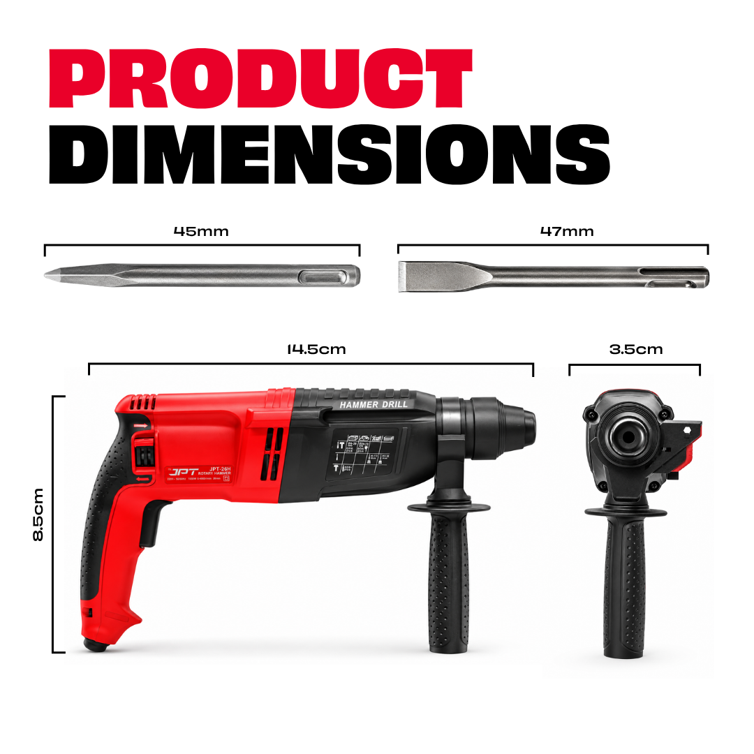 JPT Pro 26MM SDS-Plus Heavy-Duty Rotary Hammer Drill Machine | 1050W Motor | 1200RPM Speed | 3.0 Joules Impact | 4900 BPM Force | 3 Function Modes | Forward & Reverse Function