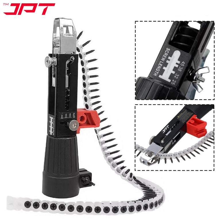 JPT Automatic Chain Nail Gun Adapter – Collated Screw Autofeed Nailing Head for Electric Drill, Heavy-Duty Drywall & Woodworking Nail Gun Attachment with 50-Piece Chain Nails