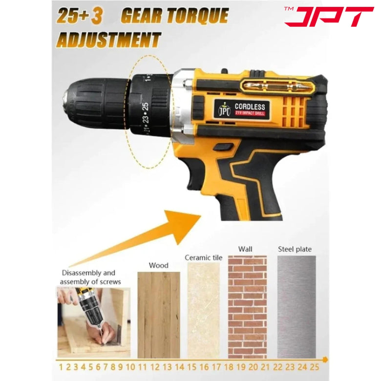 JPT Heavy Duty 21-volt Portable Cordless Drill Machine | 25N.M Torque | 0-3500RPM Speed | 2 Speed Modes | 25+3 Gear Setting | 3/8-Inch Chuck | 1500mAh Battery | 6-Months Warranty