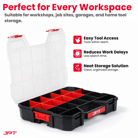 JPT Ultra Heavy Duty Tool Organizer Large | Stackable Interlocking Storage Box with 17 Compartments & 10 Removable Dividers | Portable Multi-Purpose Parts Organizer for Home & Professional Use