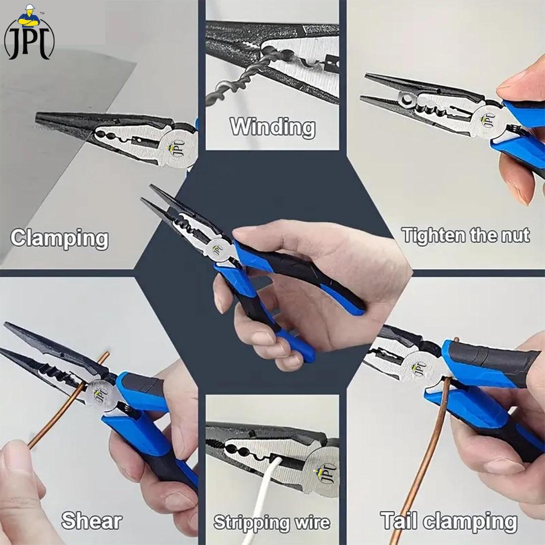 JPT 8-Inch Long Heavy Duty Nose Plier With Hard Carbon Steel Jaws And Comfort Grip Handles | Long Nose Cutting Pliers for AC Wiring, Cutting, And Gripping
