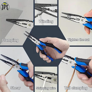 JPT 8-Inch Long Heavy Duty Nose Plier With Hard Carbon Steel Jaws And Comfort Grip Handles | Long Nose Cutting Pliers for AC Wiring, Cutting, And Gripping