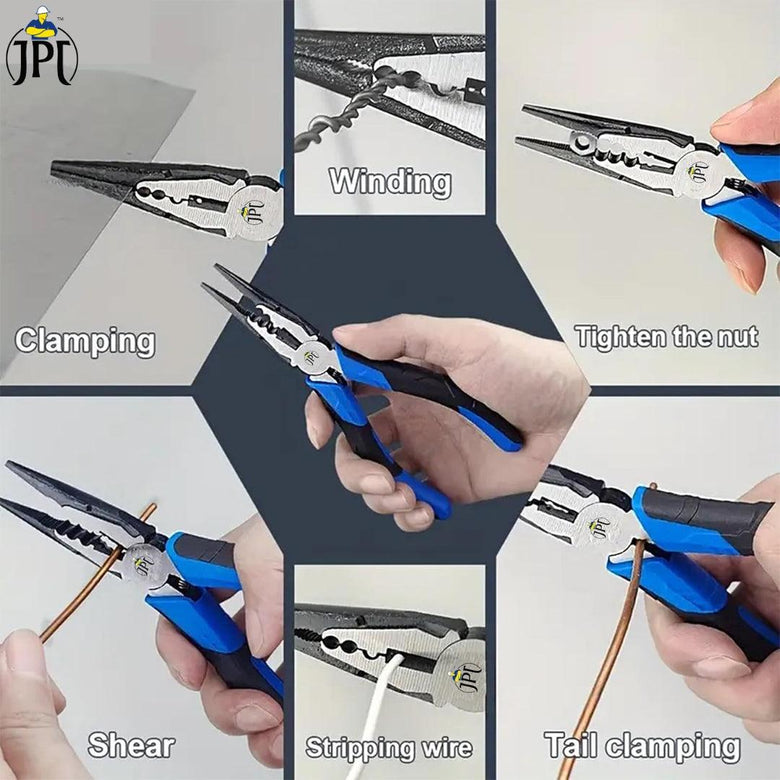 JPT 8-Inch Long Heavy Duty Nose Plier With Hard Carbon Steel Jaws And Comfort Grip Handles | Long Nose Cutting Pliers for AC Wiring, Cutting, And Gripping