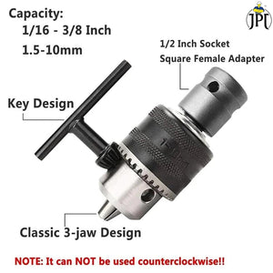 JPT Heavy Duty 13mm Drill Chuck with Key and 1/2-Inch Socket Square Female Adapter for Air Impact Wrench And Cordless Impact Wrench Converter Conversion Tool