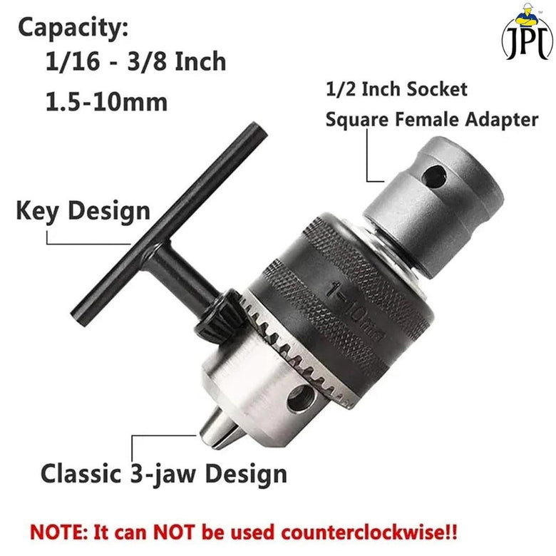 JPT Heavy Duty 13mm Drill Chuck with Key and 1/2-Inch Socket Square Female Adapter for Air Impact Wrench And Cordless Impact Wrench Converter Conversion Tool