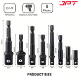 Buy now the JPT 8-piece impact socket adapter set, featuring 1/4" Hex Shank to 1/4", 3/8", 1/2" square drive, CR-V build, and much more all at the best price.