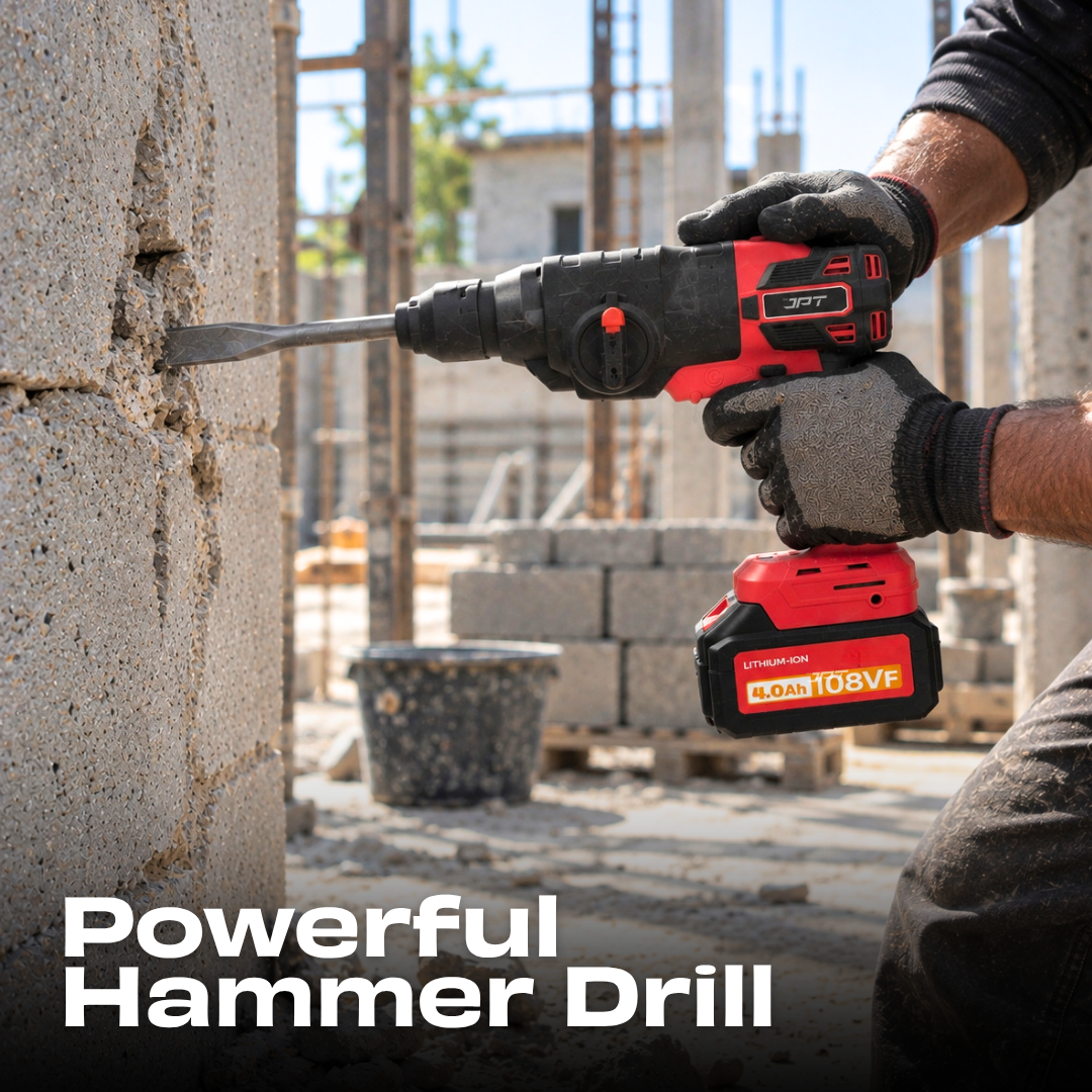 JPT Heavy Duty Brushless 3-In-1 Cordless Power Tool Set | 3-Speed Power Unit with Impact Wrench, Impact Drill, and Rotary Hammer Attachment