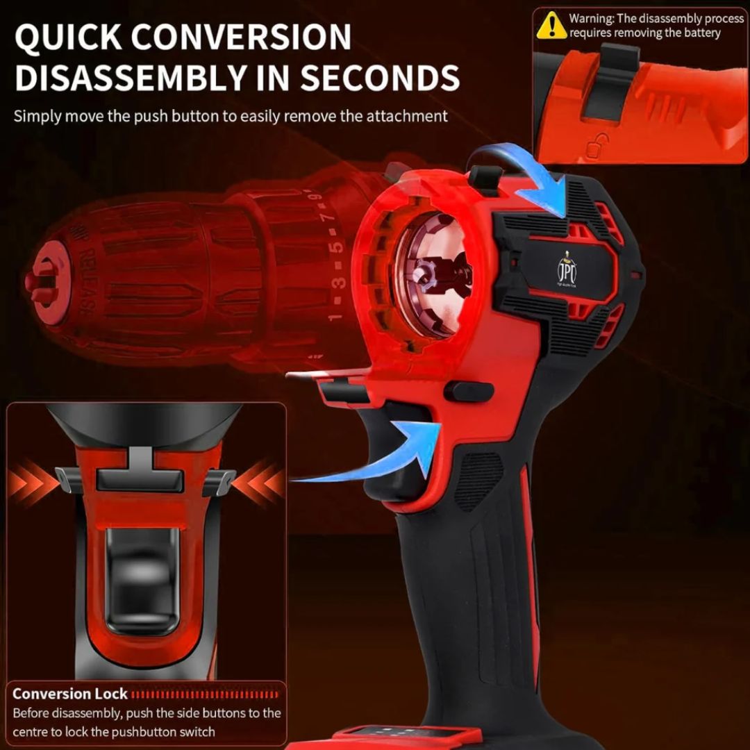 JPT Heavy Duty Brushless 3-In-1 Cordless Power Tool Set | 3-Speed Power Unit with Impact Wrench, Impact Drill, and Rotary Hammer Attachment