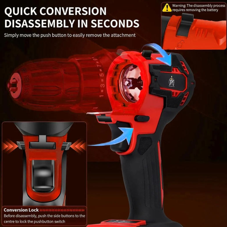 JPT Heavy Duty Brushless 3-In-1 Cordless Power Tool Set | 3-Speed Power Unit with Impact Wrench, Impact Drill, and Rotary Hammer Attachment