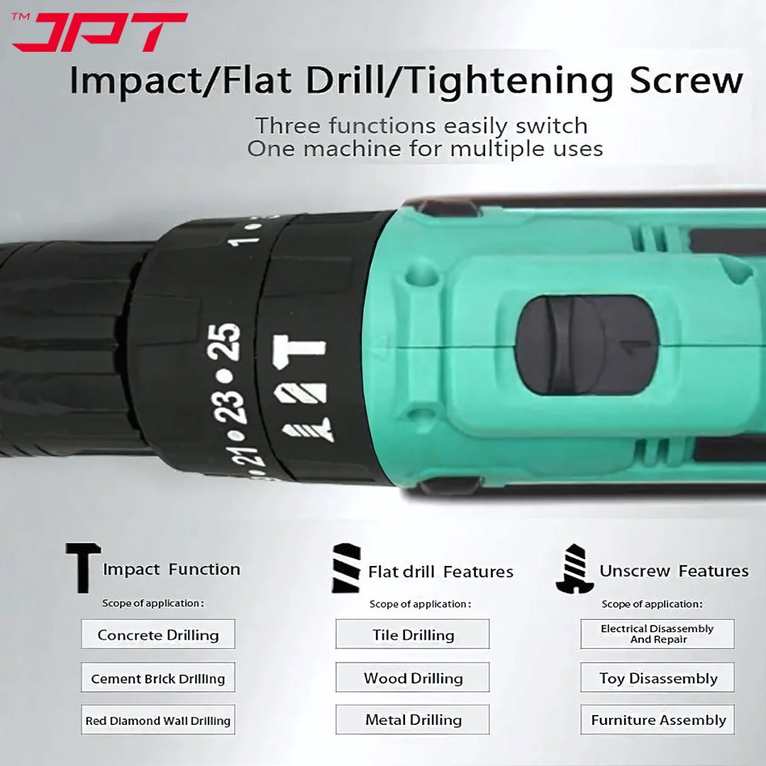 JPT 21v Portable Impact Cordless Drill Machine | 28N.M Torque | 1350RPM Speed | 2 Seed Mode | 3 Function Modes | 2000mAh Battery |  6-Months Warranty