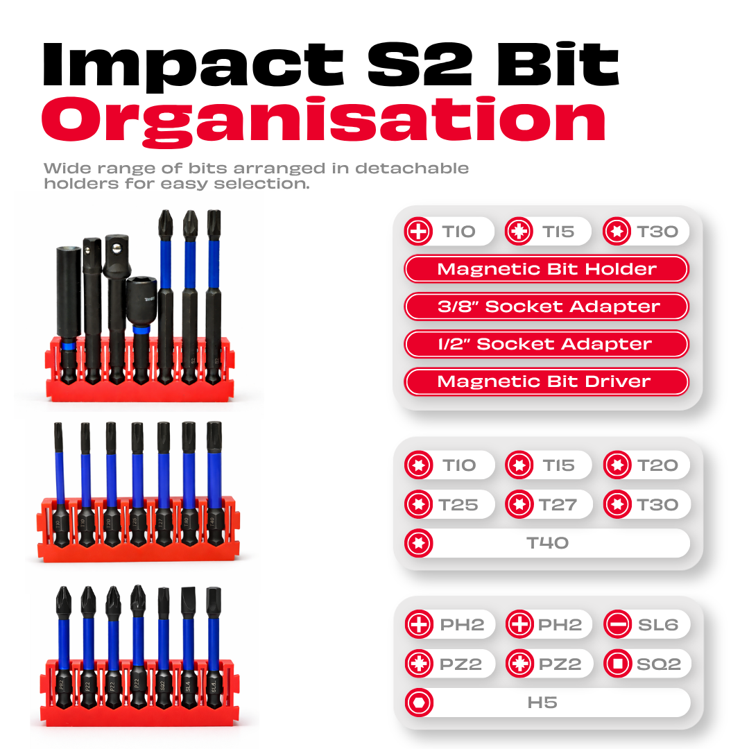 JPT 42-Piece Impact Rated S2 Steel Bit Set | Phillips, Pozidriv, Torx, Hex & Slotted Bits with Bit Holder & Socket Adapter | Taiwan Material for Impact Driver & Drill | Ultra Heavy Duty