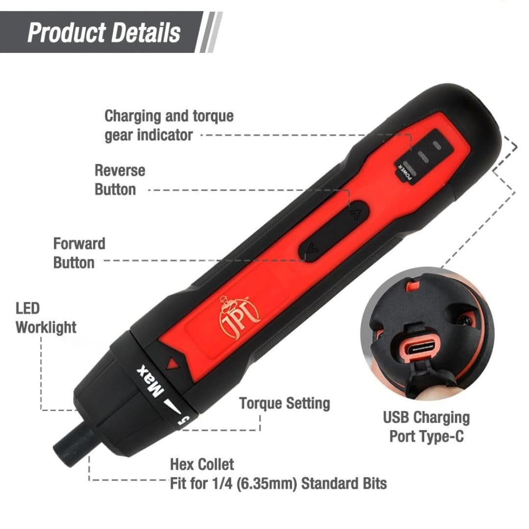 JPT 3.6V Powerfull Cordless Screwdriver Rechargeable Set with Li-ion Battery, 30 Bits & Extension Rod, 3 LED, 6 Adjustable Torque, Magnetic Hex Chuck, Mini Electric Screw driver Kit