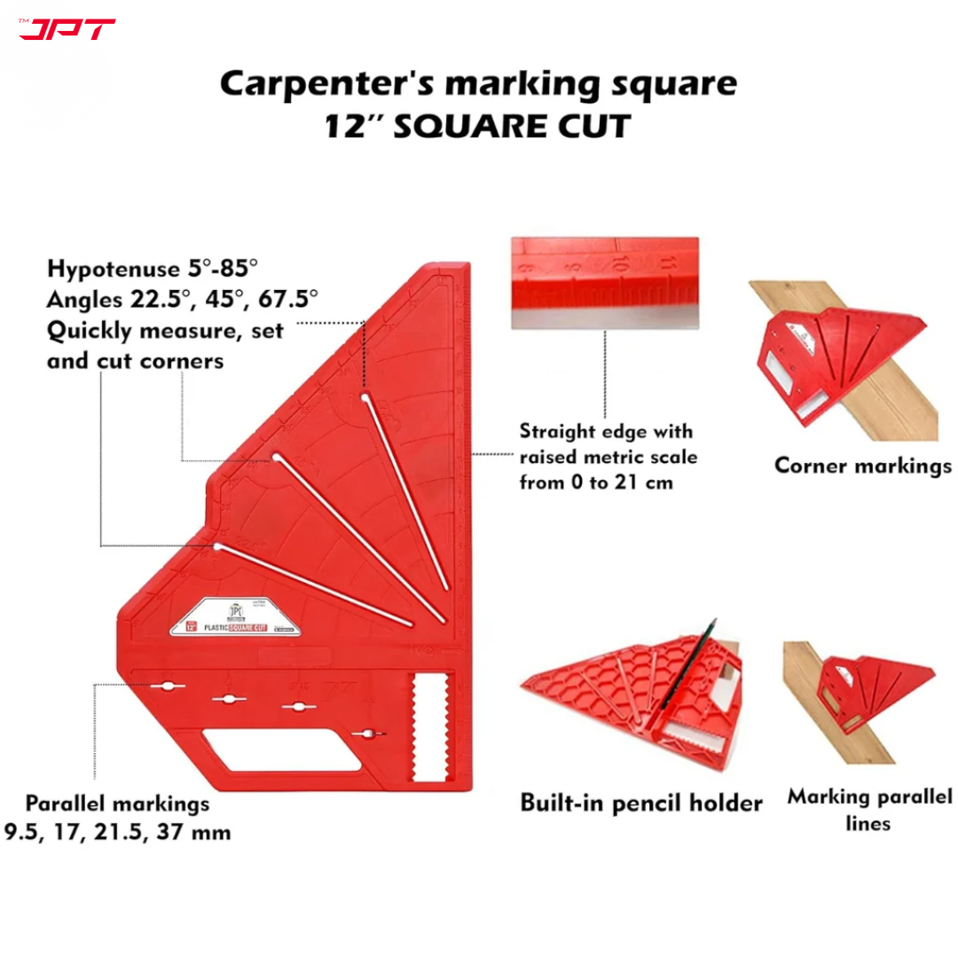 Buy now the JPT multi-angle measuring carpenter square, featuring solid build quality, outstanding precision, innovative features, and versatility like no other.