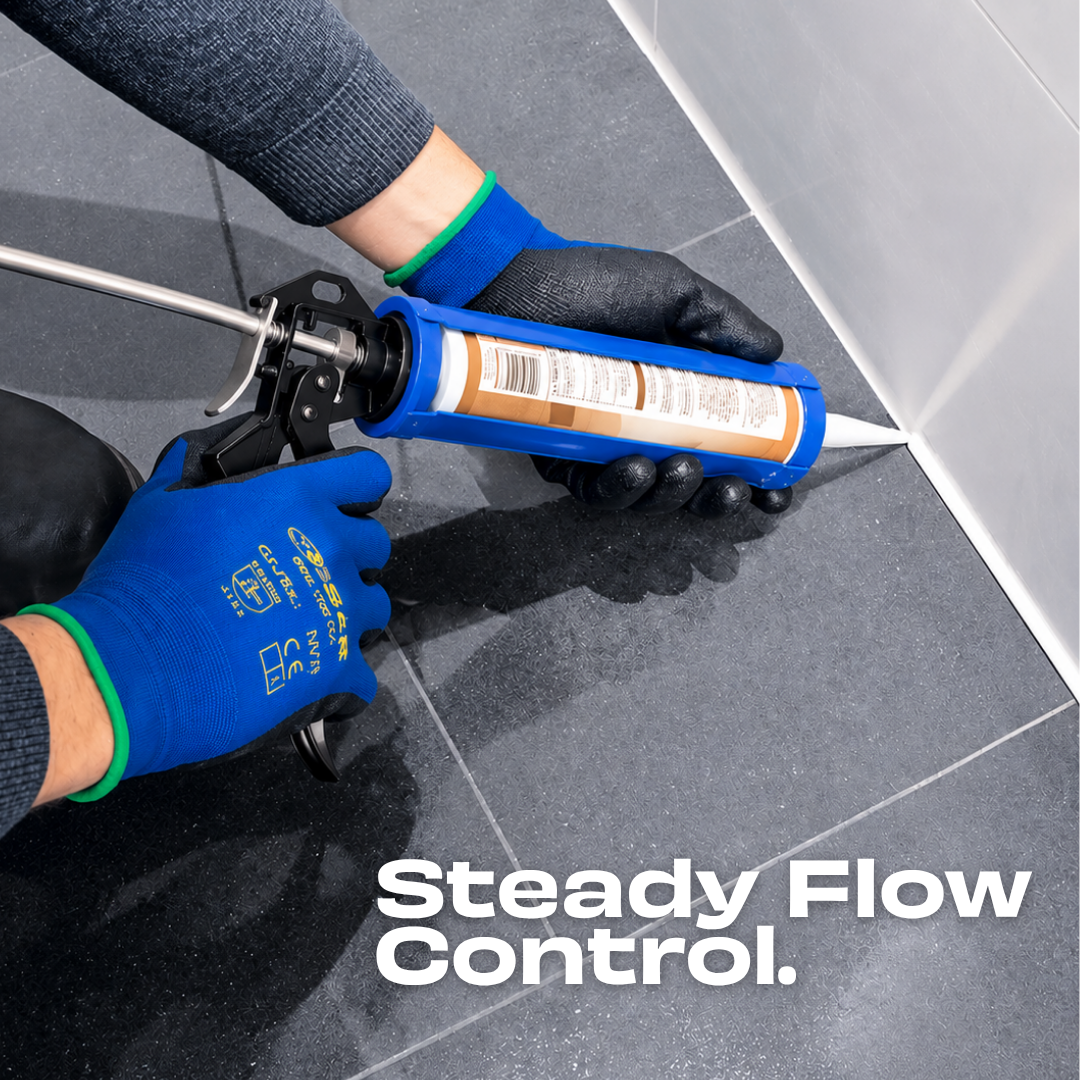 JPT Heavy Duty Caulking Gun, 360° Rotating Barrel, Silicone Sealant Gun Anti-Drip Release • Steel Trigger Handle • Hanging Hook • For Silicone, Sealant, Adhesive, Acrylic