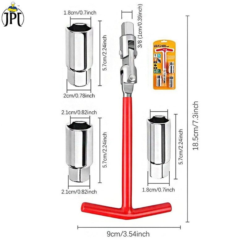JPT 16/18/21mm Universal Spark Plug Socket Wrench Set, 4-Piece with T-Handle, 360-Degree Rotation for Easy Spark Plug Removal