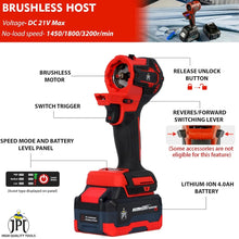 JPT 3-in-1 21V Brushless Cordless Multi-Tool Kit, 3-Speed Power Unit with Impact Drill/Driver, Impact Wrench, 2-20 Rotary Hammer Attachment