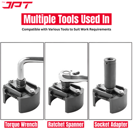 JPT Heavy-Duty Universal Adjustable Oil Filter Remover | 90-125mm Removal and Installation | Two Non Slip Serrated Jaws | 1/2" Drive Oil Filter Wrench for Easy Filter Removal