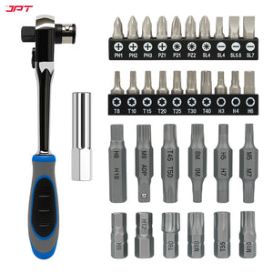 JPT 34-In-1 Multi-Functional Ratchet Handle Set | 12-Piece Hexagon Head Bits, 20-Piece Screwdriver Bits, One 43-Tooth Reversible Ratchet Handle |  Crome