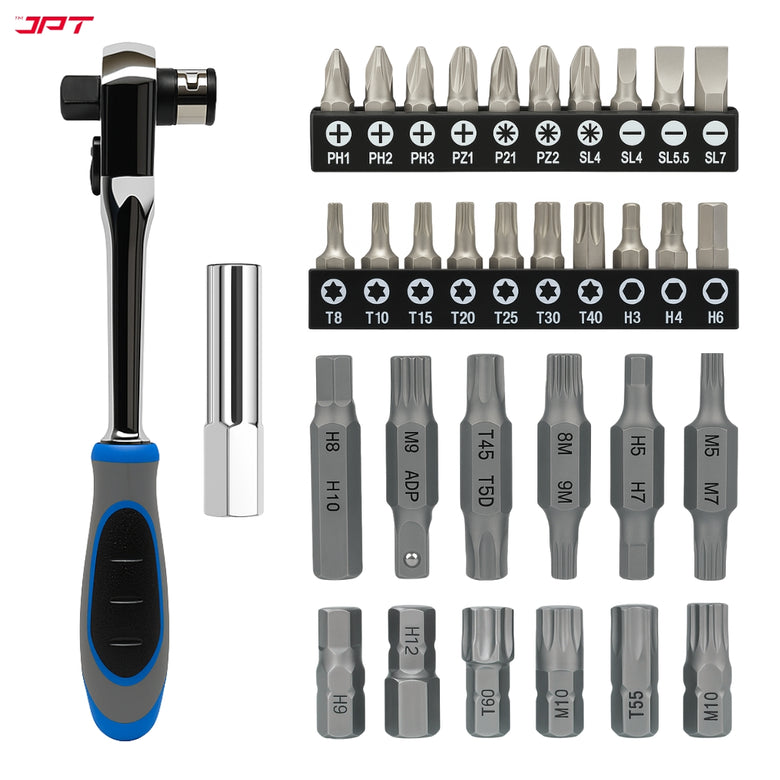 JPT 34-In-1 Multi-Functional Ratchet Handle Set | 12-Piece Hexagon Head Bits, 20-Piece Screwdriver Bits, One 43-Tooth Reversible Ratchet Handle |  Crome