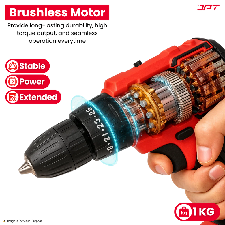 JPT Heavy-Duty 21V Cordless Impact Drill Machine | Brushless Motor | 85N.M Torque | 2250RPM Speed | 10mm Chuck | 25+3 Torque Settings | Dual Speed (Low & High) | Forward/Reverse Function | Li-ion Battery