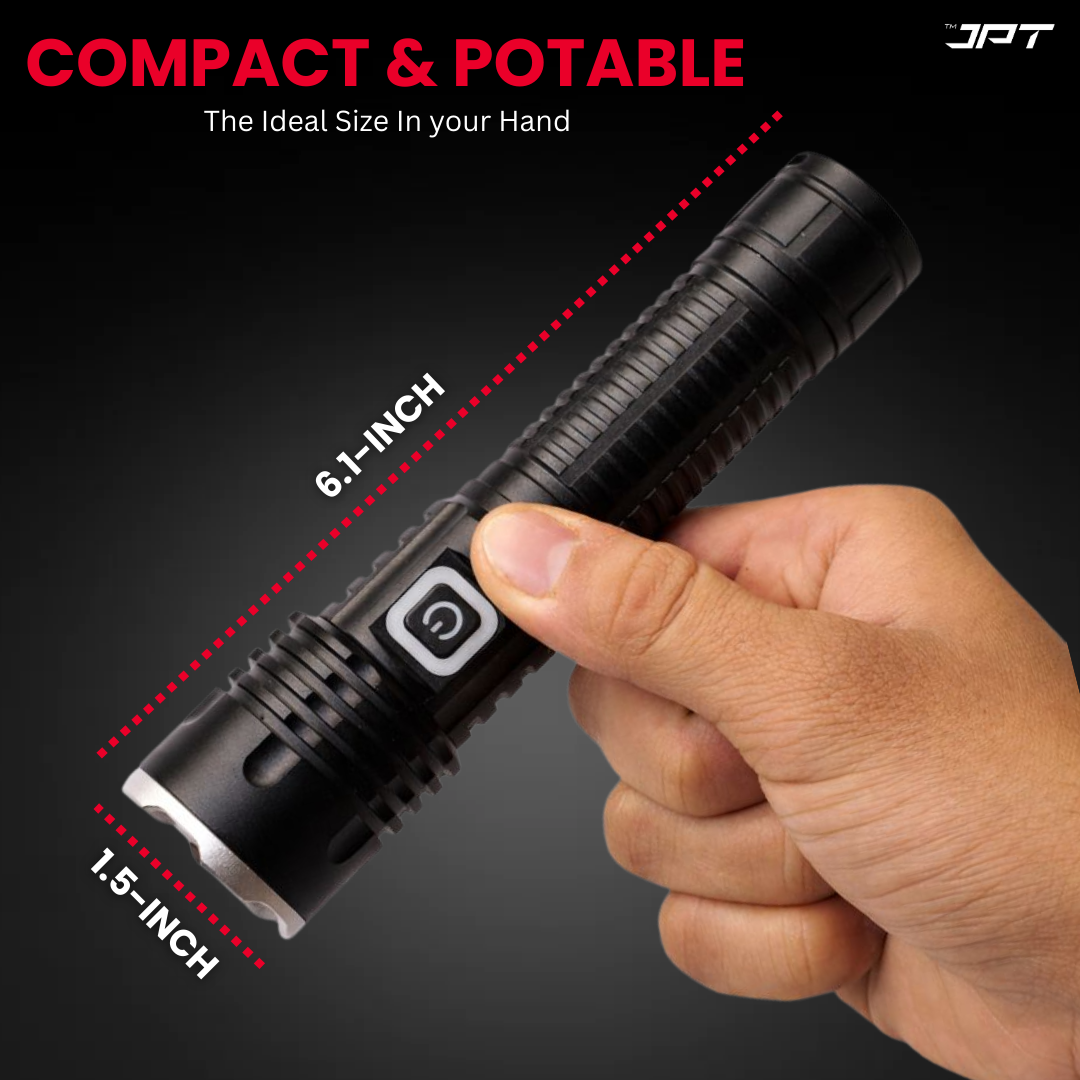 Buy JPT K16 super bright LED flashlight featuring rechargeable LED torch with 4800mAh battery, USB-C charging, zoom focus & 3 modes. Buy at best price today.