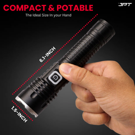 Buy JPT K16 super bright LED flashlight featuring rechargeable LED torch with 4800mAh battery, USB-C charging, zoom focus & 3 modes. Buy at best price today.