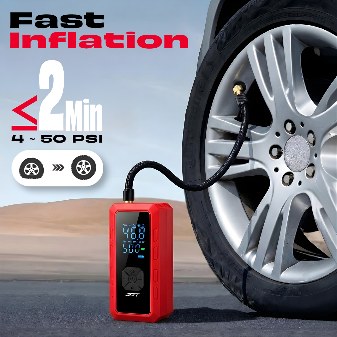 JPT Cordless Tyre Inflator | 5000mAh Air Compressor with Power Bank & Type-C Charging | Preset Modes, Auto Stop, Multi-Unit Display | Portable Pump for Car, Bike, Cycle & Ball | Red