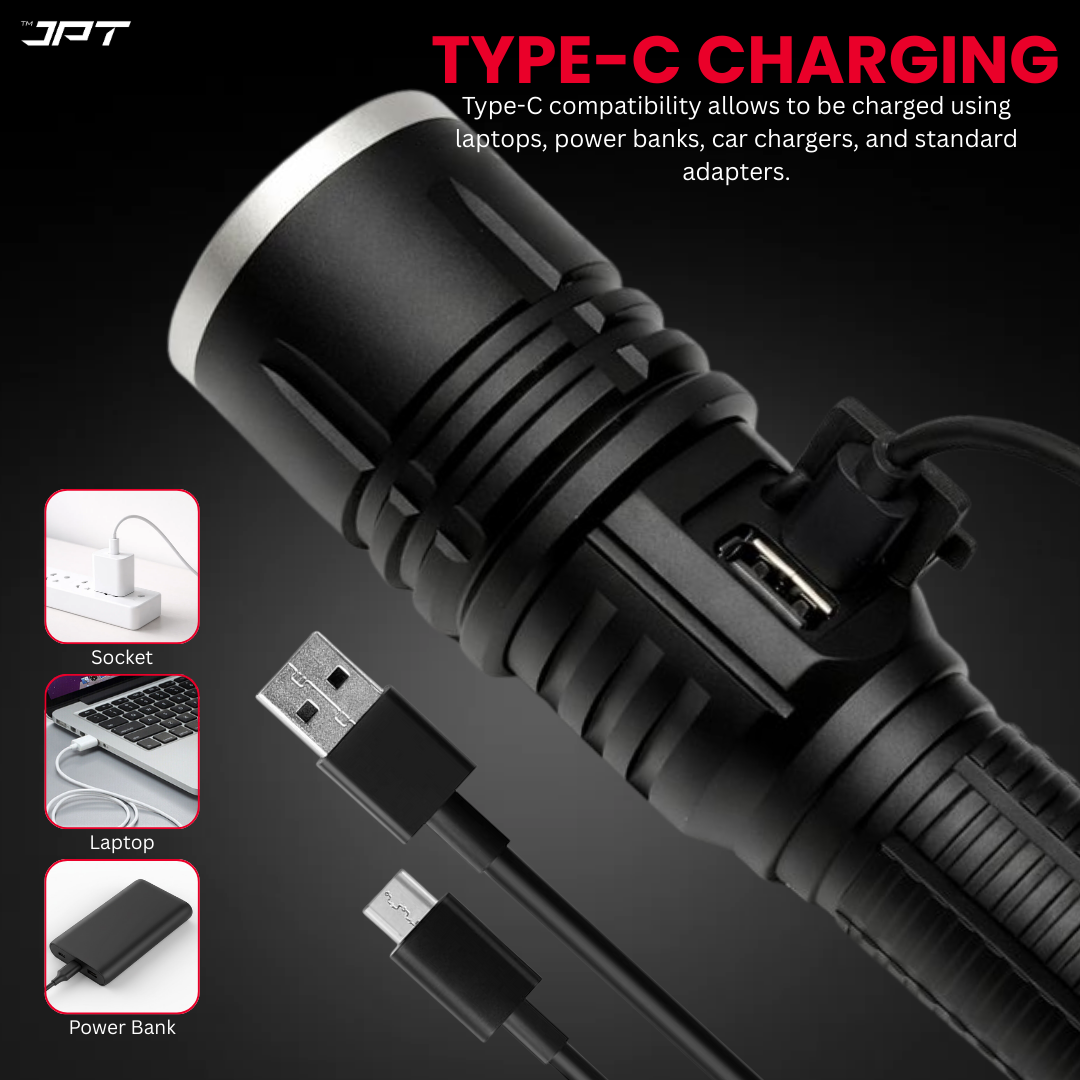 Buy JPT K17 super bright LED flashlight featuring rechargeable LED torch with 4800mAh battery, USB-C charging, power bank, telescopic zoom, and much more.