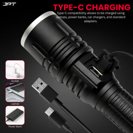 Buy JPT K17 super bright LED flashlight featuring rechargeable LED torch with 4800mAh battery, USB-C charging, power bank, telescopic zoom, and much more.