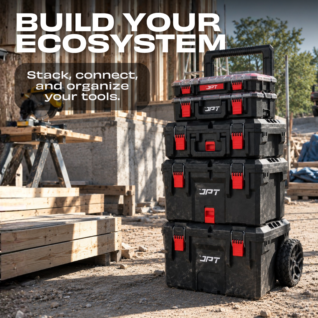 JPT Ultra Heavy Duty Tool Box, Small Modular Stackable Storage Industrial Grade Unbreakable • Interlocking Storage System • Stackable Design • Portable Carry Handle • With Metal Latch