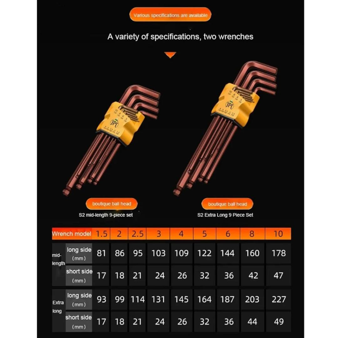 JPT 9 Piece Short Arm L Shaped 7Inch Ball End Hex Allen Key Set | Security Torx End Holes | Sizes 1.5mm to 10mm