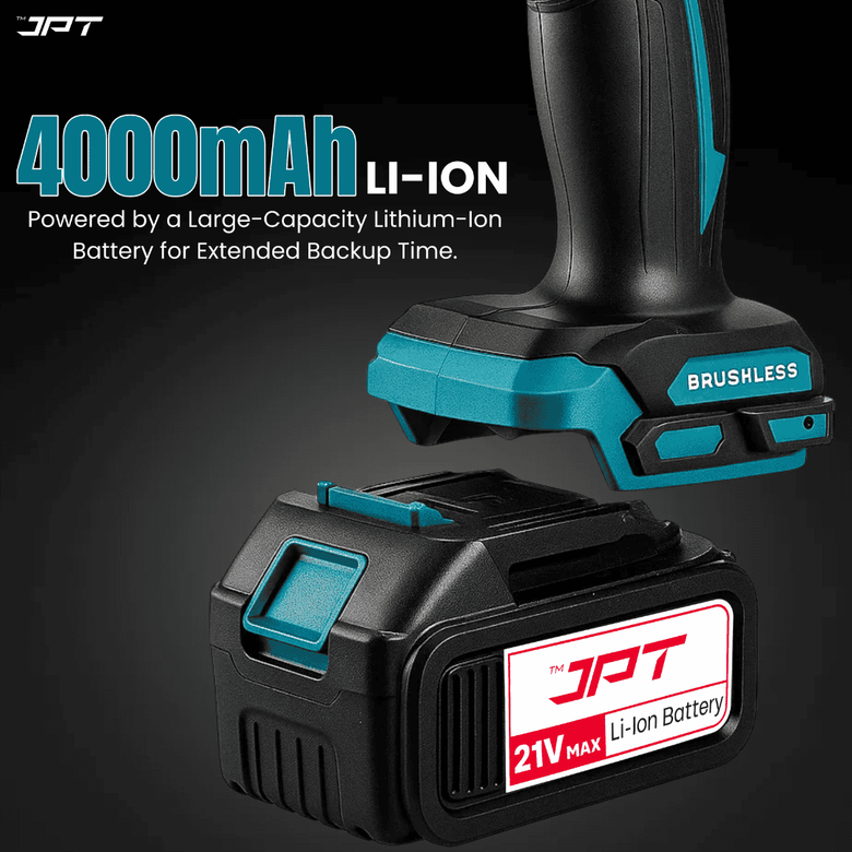 JPT 21v Heavy-Duty Brushless Cordless Impact Wrech | Brushless Motor | 400NM Torque | 4000RPM Speed with 3 Speed Mode | 4.0Ah Li-ion Battery & Fast Charger | 39-Piece Combo Kit for Car, Garage & Workshop Use