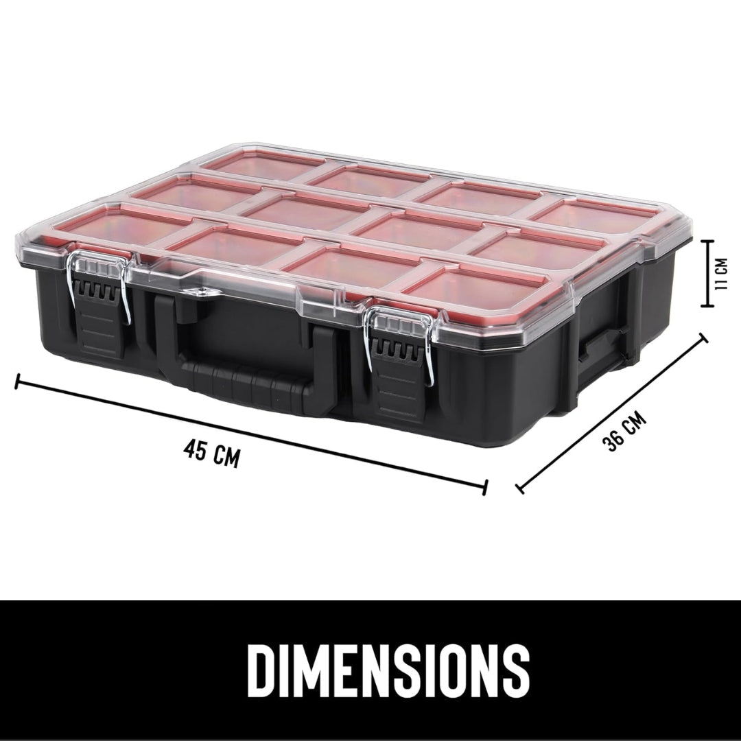 JPT Deep Tool Organizer Box with 10 Removable Bins, Heavy-Duty Storage Case with Transparent Lid for Tools, Hardware, Screws, Nuts, and Small items