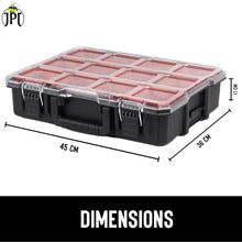 JPT Deep Tool Organizer Box with 10 Removable Bins, Heavy-Duty Storage Case with Transparent Lid for Tools, Hardware, Screws, Nuts, and Small items