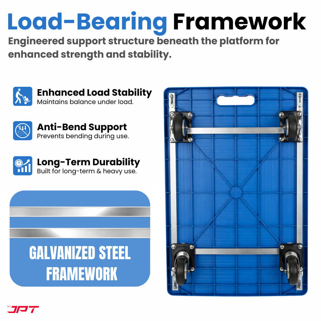 Buy JPT heavy duty foldable hand trolley with 600KG load capacity, 360° swivel wheels and reinforced steel frame. Ideal for warehouse, shop, office and more.