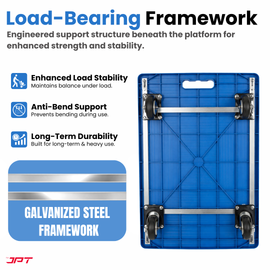 Buy JPT heavy duty foldable hand trolley with 600KG load capacity, 360° swivel wheels and reinforced steel frame. Ideal for warehouse, shop, office and more.