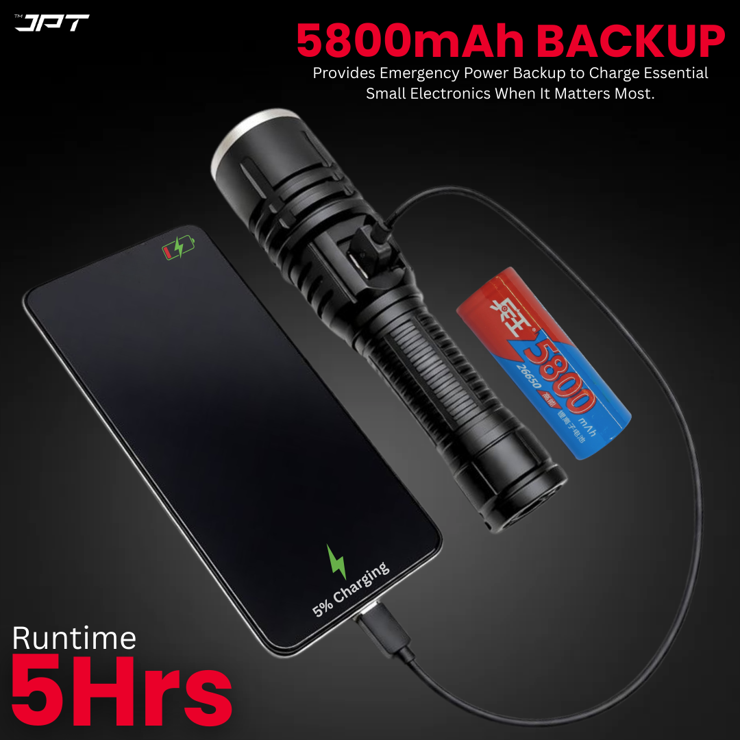 Buy JPT K17 super bright LED flashlight featuring rechargeable LED torch with 4800mAh battery, USB-C charging, power bank, telescopic zoom, and much more.