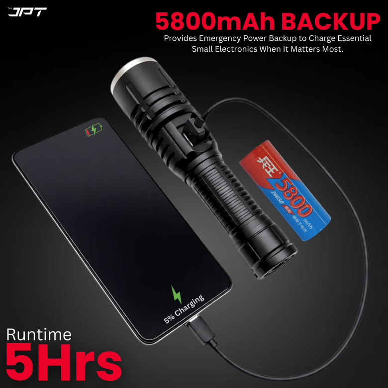 JPT Heavy-Duty K17 LED Flashlight | 3 Lightning Modes | Telescopic Zoom | Power Bank Function | Rechargeable USB Tactical | 5800mAh Battery | Portable Torch for Trekking, Hunting, Emergency