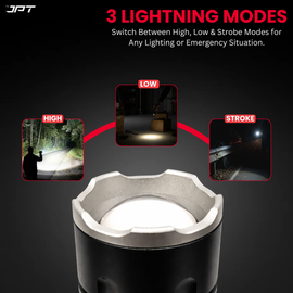 Buy JPT K16 super bright LED flashlight featuring rechargeable LED torch with 4800mAh battery, USB-C charging, zoom focus & 3 modes. Buy at best price today.