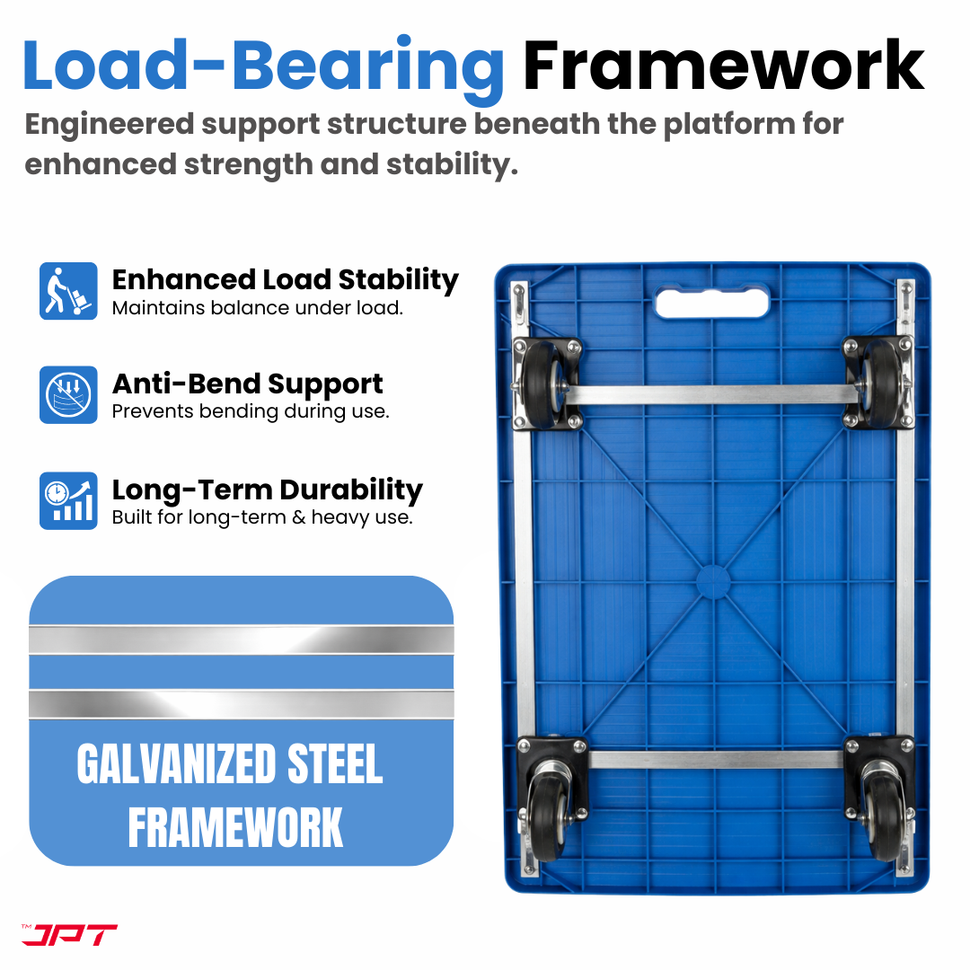 Buy JPT heavy duty foldable hand trolley with 300KG load capacity, 360° swivel wheels and reinforced steel frame. Ideal for warehouse, shop, office and more.