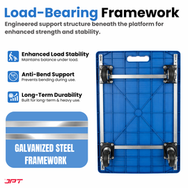 Buy JPT heavy duty foldable hand trolley with 300KG load capacity, 360° swivel wheels and reinforced steel frame. Ideal for warehouse, shop, office and more.