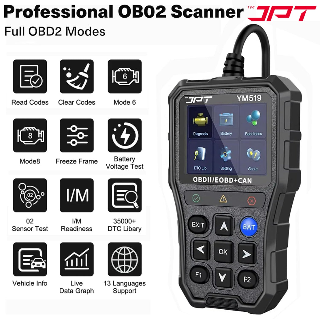 JPT OBD2 Scanner with Battery Tester – Universal Car Diagnostic Tool for Check Engine Light, Live Data, Emissions Readiness, Fault Code Reader, Plug & Play, Supports All OBDII Vehicles