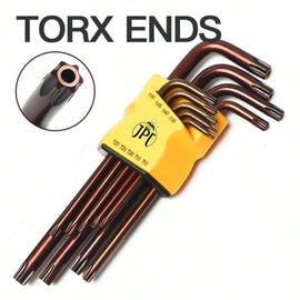 Grab now the JPT 9 pcs Torx Star Allen Key Set ( 6inch star end ), featuring small-arm design, premium S2 steel and chrome-plated, drilled tips, and much more.