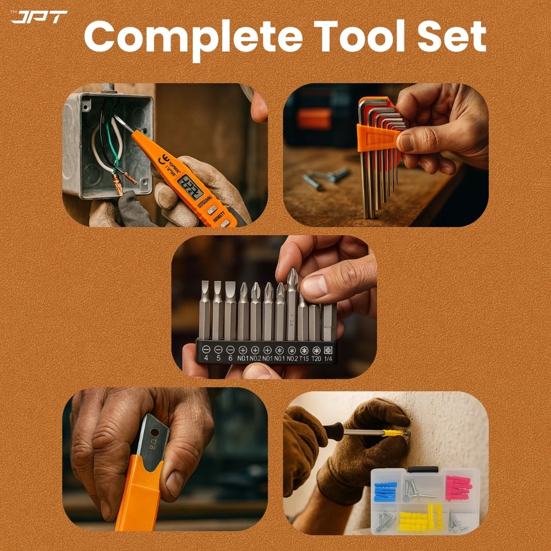 JPT 37-Piece Heavy-Duty Home Repair Hand Tool Kit | All-in-One Tool Set with Screwdrivers, Pliers, Drill Bits, Allen Keys, Claw Hammer, Taps & More | Ideal for DIY, Furniture Assembly & Electrical Work