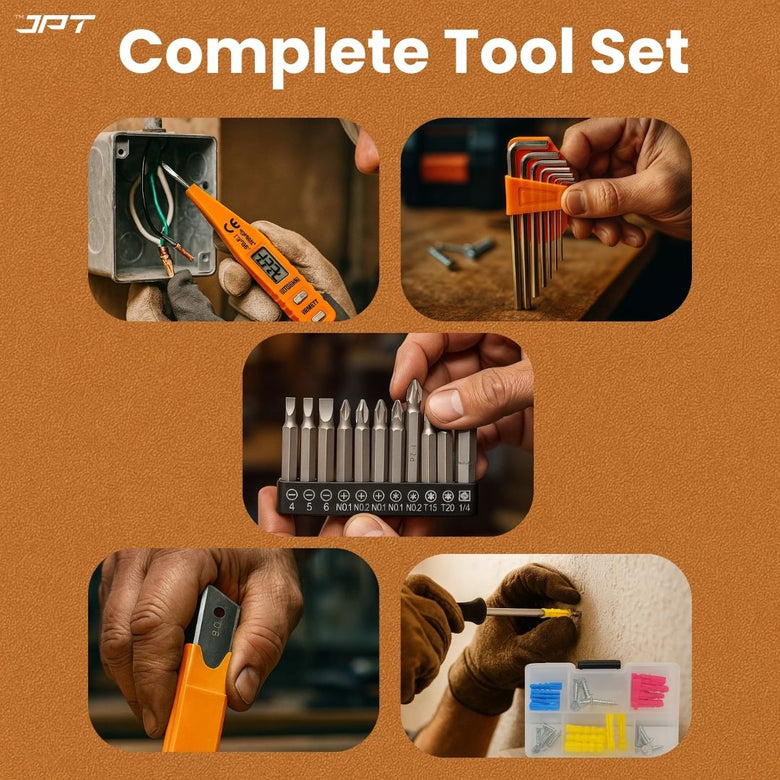 JPT 37-Piece Heavy-Duty Home Repair Hand Tool Kit | All-in-One Tool Set with Screwdrivers, Pliers, Drill Bits, Allen Keys, Claw Hammer, Taps & More | Ideal for DIY, Furniture Assembly & Electrical Work
