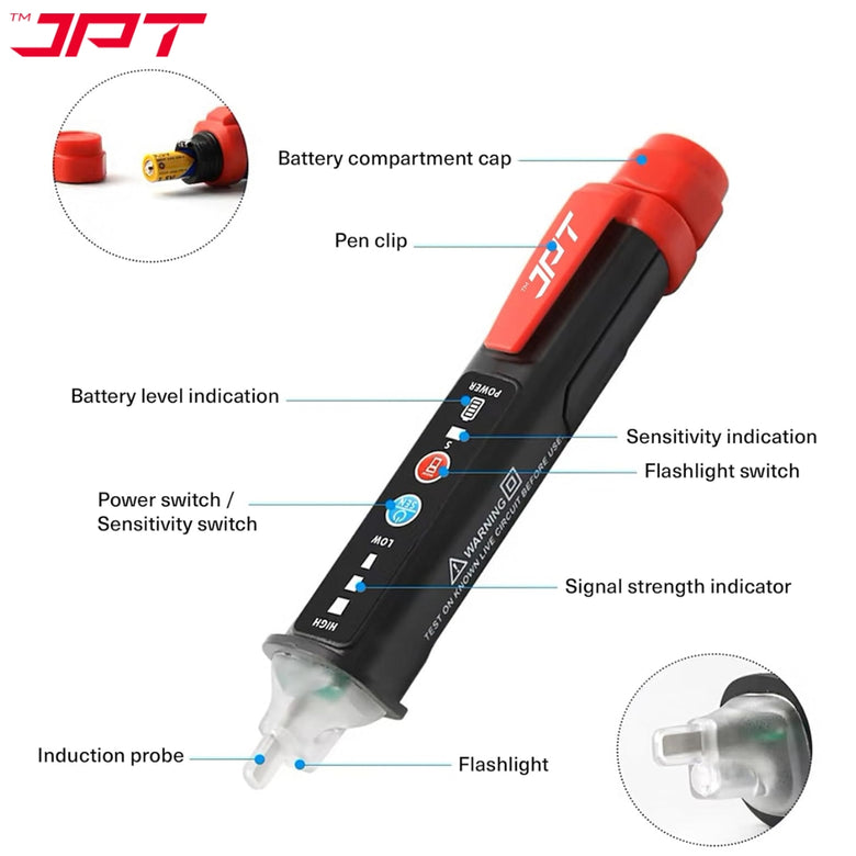 JPT Pro Series Non-Contact Dual Range  (12V-1000V / 48V-1000V) AC Voltage Tester | Tester for Live/Null Wire Detection | Buzzer Alarm & LED Flashlight | Best for Electricians, Technicians, Ad Home Use