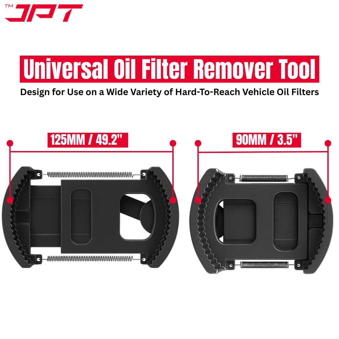 JPT Heavy-Duty Universal Adjustable Oil Filter Remover | 90-125mm Removal and Installation | Two Non Slip Serrated Jaws | 1/2
