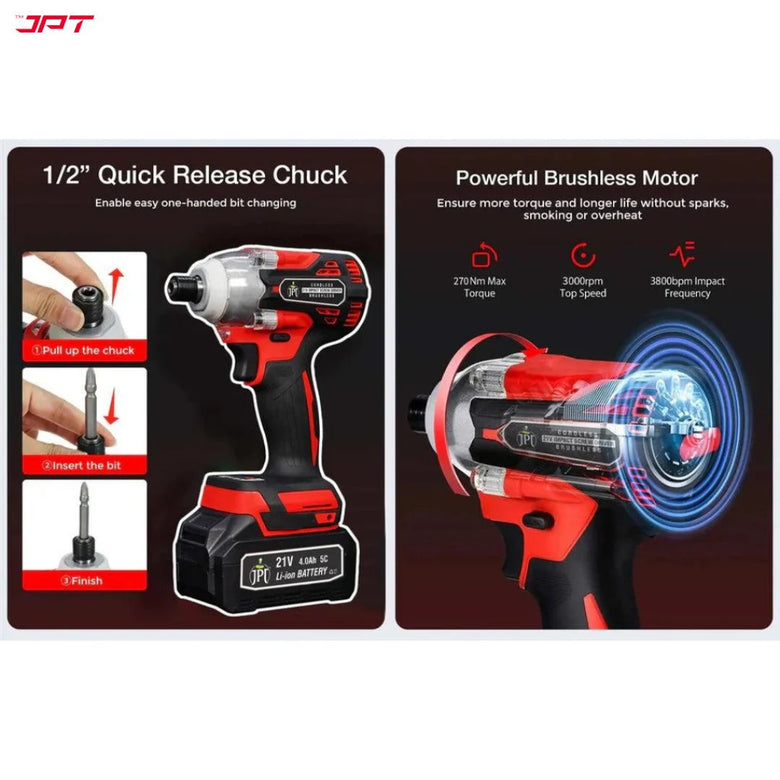 JPT 21-volt Impact Cordless Screwdriver Machine | Brushless Powerful Motor | 1/4’’ All-Metal Hex Chuck | 270N.M Torque | 3000RPM Variable Speed | 4000mAh Battery | 6 Driver Bits Included