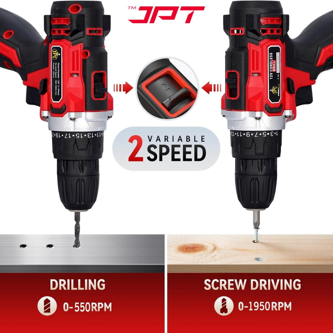 JPT Heavy-Duty 12V Pro Series Cordless Drill Machine | 45N.M. Torque | 1950 RPM Speed | 25+1 Torque Setting | 2 Speed Modes | 3/8
