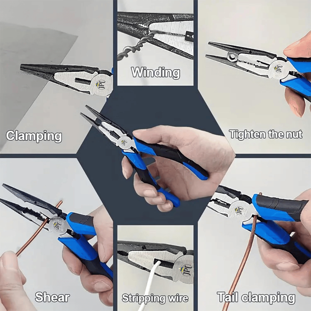 JPT 8-Inch Long Heavy Duty Nose Plier With Hard Carbon Steel Jaws And Comfort Grip Handles | Long Nose Cutting Pliers for AC Wiring, Cutting, And Gripping